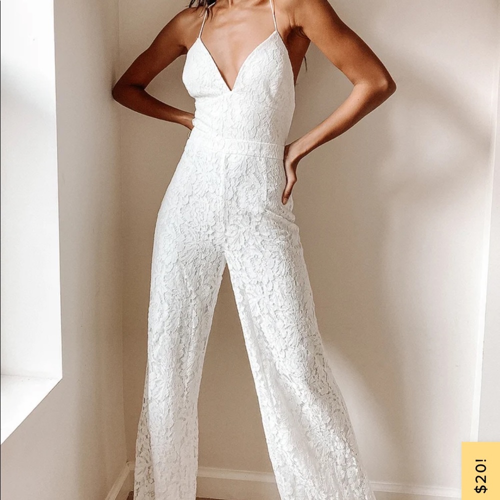 LULUS All About Tonight White Lace Wide-Leg Lace-Up Jumpsuit